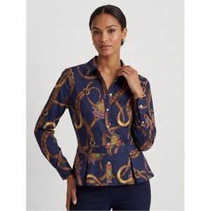 Ralph Lauren Navy Gold Chain-Print Peplum Button-Down Shirt